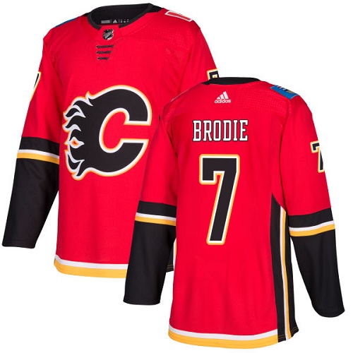 Men Adidas Calgary Flames #7 TJ Brodie Red Home Authentic Stitched NHL Jersey